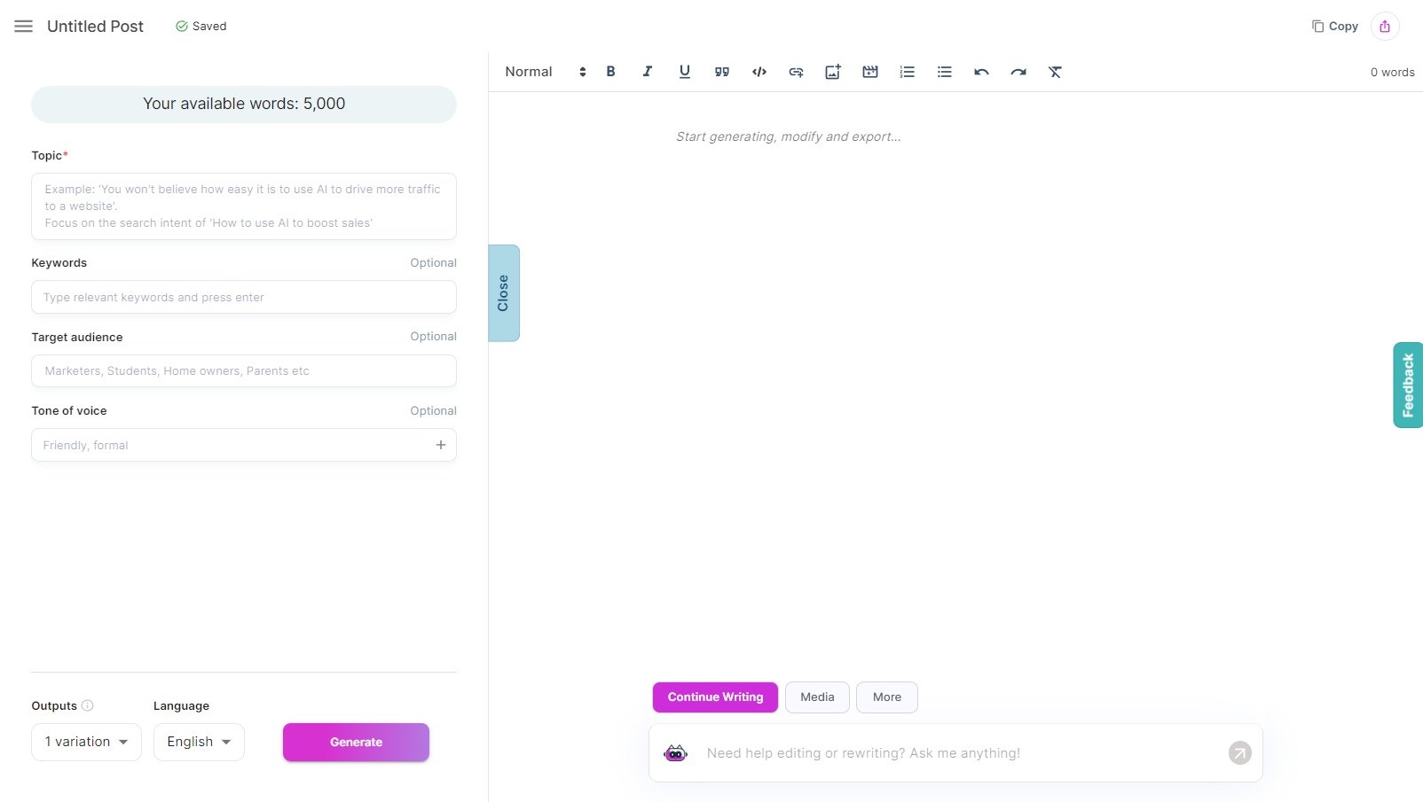 Junia Write Better with AI Best Content Creation Platform Dashboard