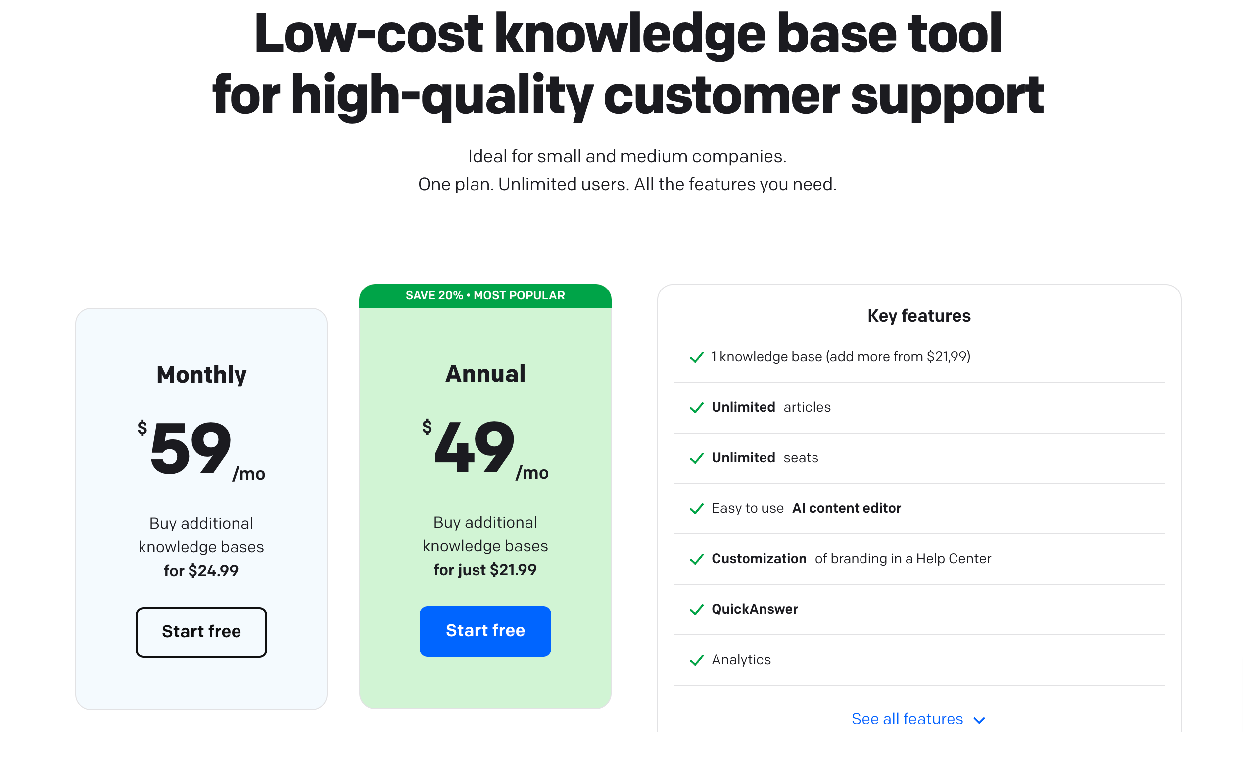 Pricing Start for Free KnowledgeBase